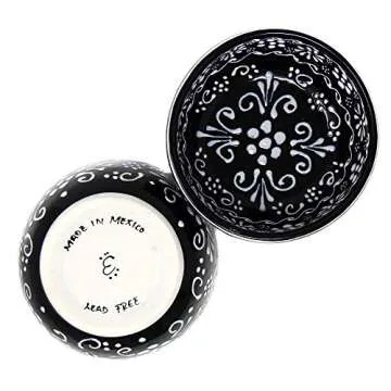 Global Crafts Encantada Handmade Hand-Painted Authentic Mexican Pottery, 5.5" Bowls, Ink Collection, Black and White, Set of 2 (MC319I-S2)
