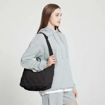 Women Hobo Shoulder Bag Puffer Small Tote Crossbody Bag Purse Cotton Handmade Bags Handbag with Zipper School Work Travel Black