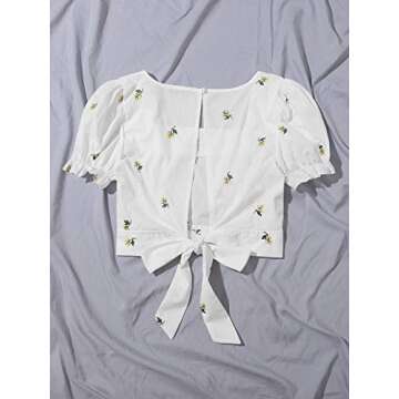 Floerns Women's Floral Embroidery Puff Short Sleeve Cut Out Tie Back Crop Tops