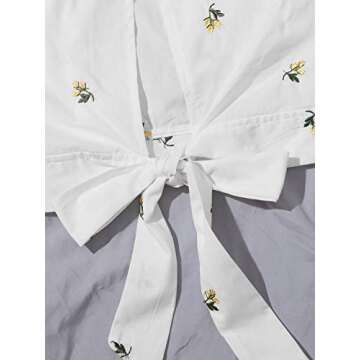 Floerns Women's Floral Embroidery Puff Short Sleeve Cut Out Tie Back Crop Tops