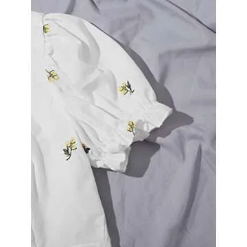 Floerns Women's Floral Embroidery Puff Short Sleeve Cut Out Tie Back Crop Tops