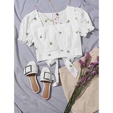Floerns Women's Floral Embroidery Puff Short Sleeve Cut Out Tie Back Crop Tops
