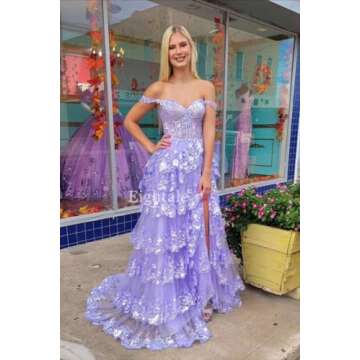 Eightale Tulle Lace Tiered Prom Dress Sparkly Slit Long Spaghetti Straps Corset A Line Sweetheart Bl...