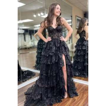 Eightale Tulle Lace Tiered Prom Dress Sparkly Slit Long Spaghetti Straps Corset A Line Sweetheart Black Applique Princess Formal Party Gowns with Train US2