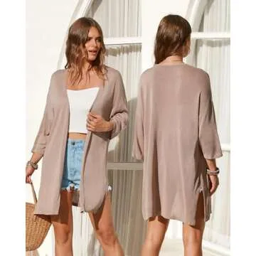 Arach&Cloz Summer Long Cardigan Sweaters for Women Trendy 2025 Short Sleeve Lightweight Kimono Cardigan Sweaters Femme Ladies Spring Vacation Tops(Apricot,M)