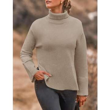 ZESICA Women's Turtleneck Sweaters Fall Winter Long Sleeve Oversized Split Hem Knitted Pullover Jumper Sweater Tops,Oatmeal,Small
