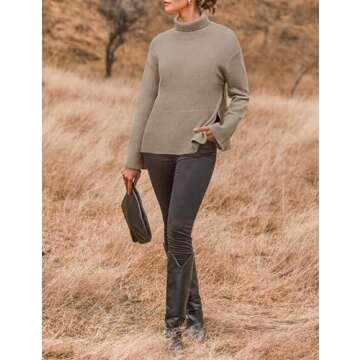ZESICA Women's Turtleneck Sweaters Fall Winter Long Sleeve Oversized Split Hem Knitted Pullover Jumper Sweater Tops,Oatmeal,Small