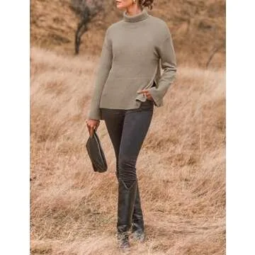 ZESICA Women's Turtleneck Sweaters Fall Winter Long Sleeve Oversized Split Hem Knitted Pullover Jumper Sweater Tops,Oatmeal,Small