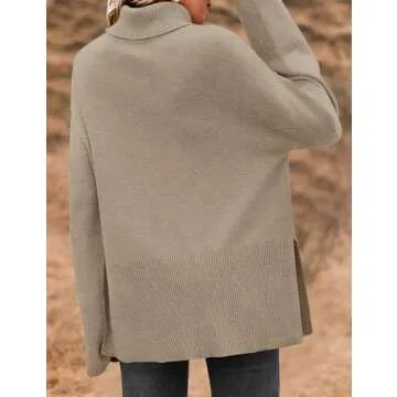 ZESICA Women's Turtleneck Sweaters Fall Winter Long Sleeve Oversized Split Hem Knitted Pullover Jumper Sweater Tops,Oatmeal,Small