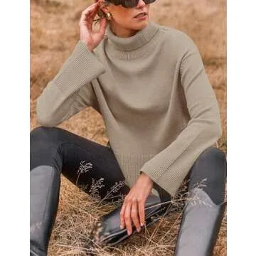 ZESICA Women's Turtleneck Sweaters Fall Winter Long Sleeve Oversized Split Hem Knitted Pullover Jumper Sweater Tops,Oatmeal,Small