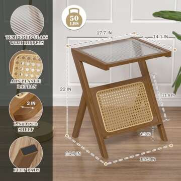 Rattan Side Table End Table - Rattan Nightstand Mid Century Modern Side Table Bamboo Coffee Table Boho Bedside Table with Storage for Living Room Bedroom 17.7''(L) x 14.1''(W) x 22''(H)