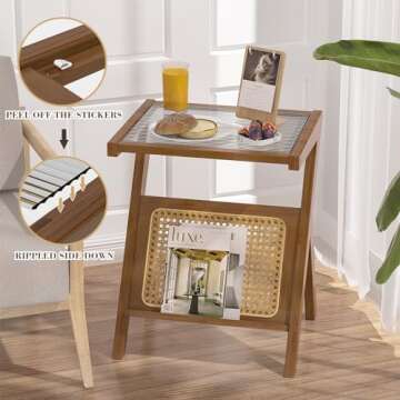 Rattan Side Table End Table - Rattan Nightstand Mid Century Modern Side Table Bamboo Coffee Table Boho Bedside Table with Storage for Living Room Bedroom 17.7''(L) x 14.1''(W) x 22''(H)