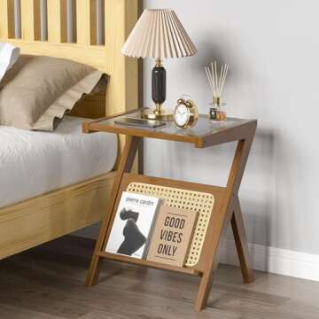 Rattan Side Table End Table - Rattan Nightstand Mid Century Modern Side Table Bamboo Coffee Table Boho Bedside Table with Storage for Living Room Bedroom 17.7''(L) x 14.1''(W) x 22''(H)