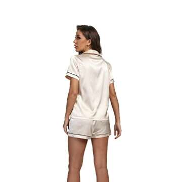 LYANER Women's Satin Pajamas Set Short Sleeve Button Shirt Silky Sleepwear with Shorts Set PJ Champagne Small