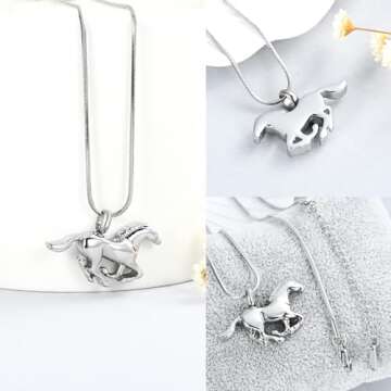 Minicremation Running Horse Shape Urn Pendant Cremation Ashes Jewelry Urn Necklace for Ashes Stainless Steel Funeral Keepsake Necklace(Silver)