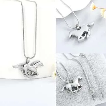 Minicremation Running Horse Shape Urn Pendant Cremation Ashes Jewelry Urn Necklace for Ashes Stainless Steel Funeral Keepsake Necklace(Silver)