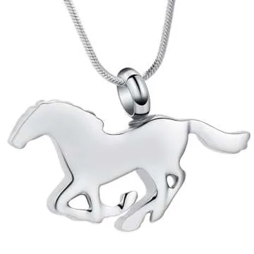 Minicremation Running Horse Shape Urn Pendant Cremation Ashes Jewelry Urn Necklace for Ashes Stainless Steel Funeral Keepsake Necklace(Silver)