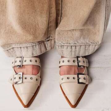 KaroNairy Wide Buckle Ballet Flats for Women Pointy Toe Mary Jane Flat Square Toe Dressy Flats Block Heel Pumps Ballerina Shoes pearl8