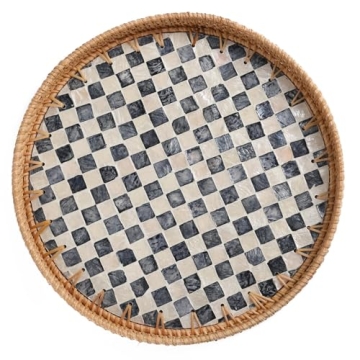 Tynulox Round Rattan Tray with Mother of Pearl Inlay, Rattan Serving Tray for Coffee, Bread, Fruits,...