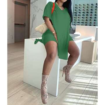 Choichic Women's 2 Piece Outfits Summer Short Sleeve High Split T Shirt + Skinny Biker Shorts Sweatsuit Sets Tracksuit Set Green Small