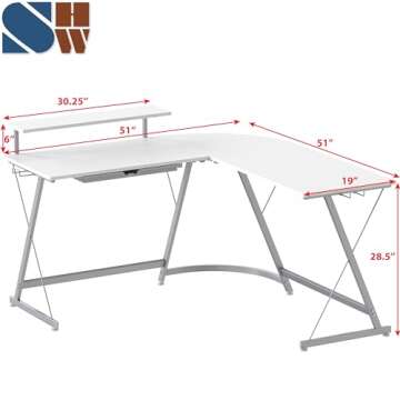 SHW Vista L-Shape Desk with Monitor Stand, White