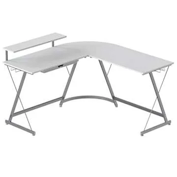 SHW Vista L-Shape Desk with Monitor Stand, White