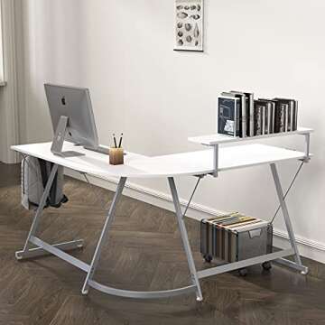 SHW Vista L-Shape Desk with Monitor Stand, White