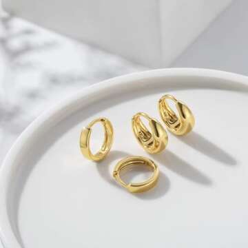 Gold Huggie Hoop Earrings Set for Women Small Chunky Gold Silver Earrings 14K Gold Filled Hypoallerg...