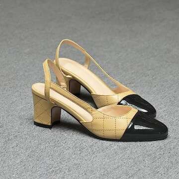 LEHOOR Chunky Heel Slingback Pumps Cap Toe Two Toned for Women, Mid Block Heel Almond Pointy Toe Sandals Quarter Strap Hollowed Backless D’Orsay Slip On Sandals Office Party Prom 5-13 M US