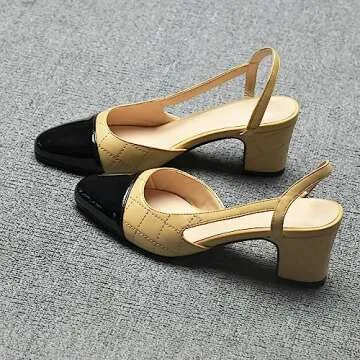 LEHOOR Chunky Heel Slingback Pumps Cap Toe Two Toned for Women, Mid Block Heel Almond Pointy Toe Sandals Quarter Strap Hollowed Backless D’Orsay Slip On Sandals Office Party Prom 5-13 M US