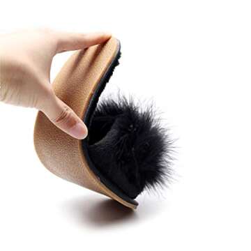 FAYUEKEY Real Fur Slippers for Women Summer Autumn Fluffy Furry Soft Plush Open Toe Slides Flats Shoes (8, Black)
