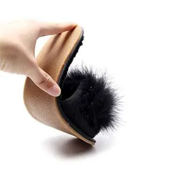 FAYUEKEY Real Fur Slippers for Women Summer Autumn Fluffy Furry Soft Plush Open Toe Slides Flats Shoes (8, Black)