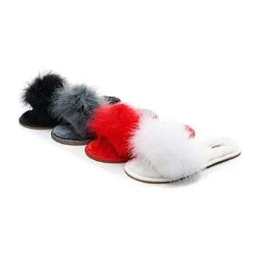 FAYUEKEY Real Fur Slippers for Women Summer Autumn Fluffy Furry Soft Plush Open Toe Slides Flats Shoes (8, Black)
