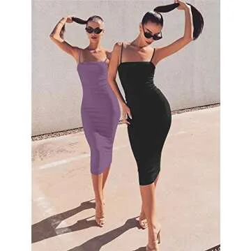 GOBLES Women's Sexy Spaghetti Strap Sleeveless Bodycon Mid Club Dress (S, Black)