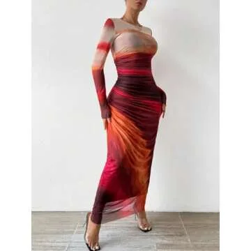 MARZXIN Womens Long Sleeve Maxi Dress Bodycon Ruched Natural Slim Fit Tie Dye Dress Cocktail Dresses Mesh Dress color154 L