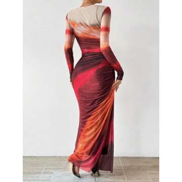 MARZXIN Womens Long Sleeve Maxi Dress Bodycon Ruched Natural Slim Fit Tie Dye Dress Cocktail Dresses Mesh Dress color154 L