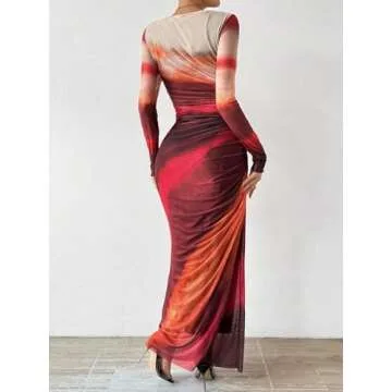 MARZXIN Womens Long Sleeve Maxi Dress Bodycon Ruched Natural Slim Fit Tie Dye Dress Cocktail Dresses Mesh Dress color154 L