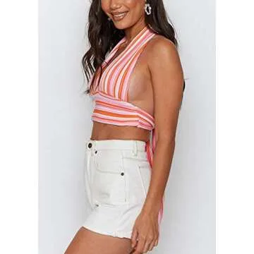 SAFRISIOR Women's Sexy V Neck Halter Crop Top for Summer
