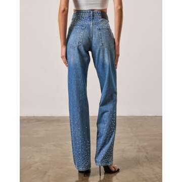 Kedera Womens High Waisted Rhinestone Jeans Straight Wide Leg Bling Denim Pants Blue