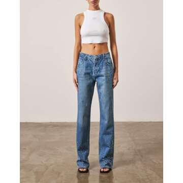 Kedera High Waisted Rhinestone Jeans - Stylish Wide Leg Fit
