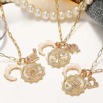 MISS RIGHT Gold Zodiac Scorpio Sign Coin Necklace with Opal Crescent Moon Charm for Women Trendy, Dainty Gold Paperclip Chain 12 Constellation Horoscope Necklaces Astrology Jewelry Gifts