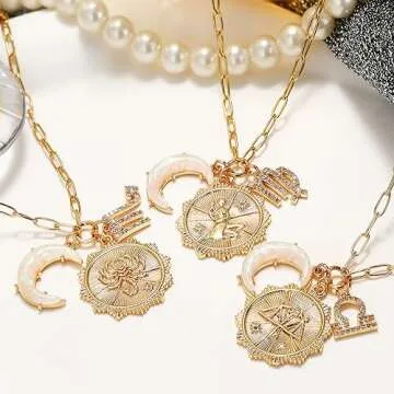 MISS RIGHT Gold Zodiac Scorpio Sign Coin Necklace with Opal Crescent Moon Charm for Women Trendy, Dainty Gold Paperclip Chain 12 Constellation Horoscope Necklaces Astrology Jewelry Gifts