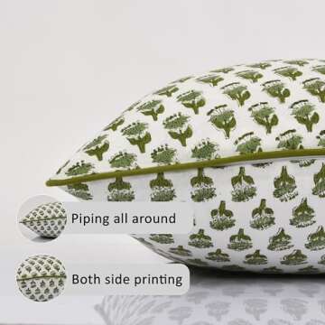CPC 100% Cotton Throw Pillow Covers 18x18 Inch, Set of 2 Green Block Print Pattern Couch Pillow, Cute Boho Decorative Pillows for Living Room, Bedroom with Hidden Zipper- Emerald Green