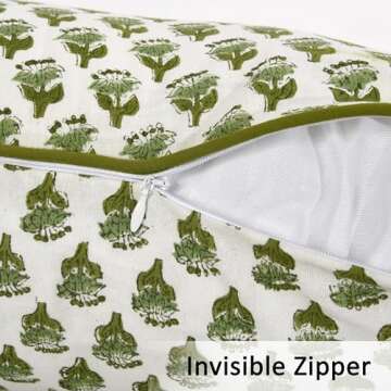 CPC 100% Cotton Throw Pillow Covers 18x18 Inch, Set of 2 Green Block Print Pattern Couch Pillow, Cute Boho Decorative Pillows for Living Room, Bedroom with Hidden Zipper- Emerald Green