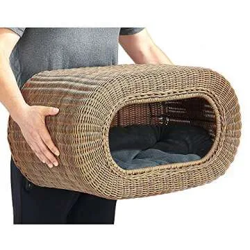 Fun Stackable Cat Condo - Interactive Play Faux Rattan Cat House with Enclosed Bed, Pet Friendly Top...