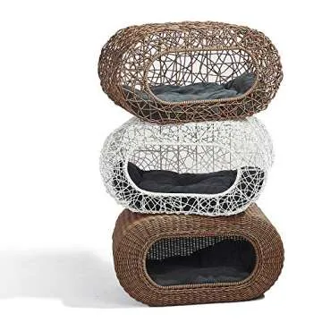 Fun Stackable Cat Condo - Interactive Play Faux Rattan Cat House with Enclosed Bed, Pet Friendly Top/Side Entries
