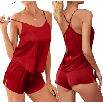 Ekouaer Silk Pajamas Set for Women Satin Lingerie Pjs Cami Top and Shorts Soft 2 Piece Nightwear Pon...