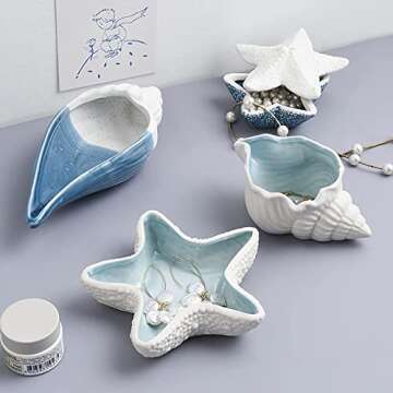 Linfye Starfish Jewelry Dish Tray Ceramic Jewelry Holder Ring Dish Trinket Tray Ceramics Tray Jewelry Dish Ocean Style Trinket Tray Dish Holder Earrings Candy Storage Holder Table Decoration Supplies