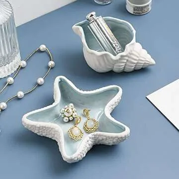 Linfye Starfish Jewelry Dish Tray Ceramic Jewelry Holder Ring Dish Trinket Tray Ceramics Tray Jewelry Dish Ocean Style Trinket Tray Dish Holder Earrings Candy Storage Holder Table Decoration Supplies