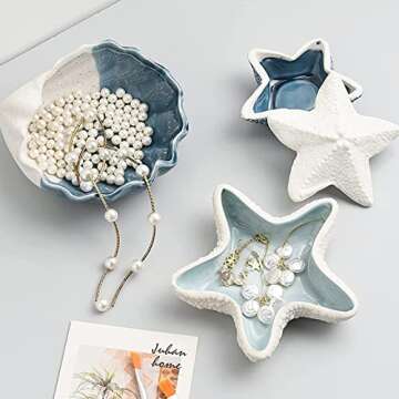 Linfye Starfish Jewelry Dish Tray Ceramic Jewelry Holder Ring Dish Trinket Tray Ceramics Tray Jewelry Dish Ocean Style Trinket Tray Dish Holder Earrings Candy Storage Holder Table Decoration Supplies